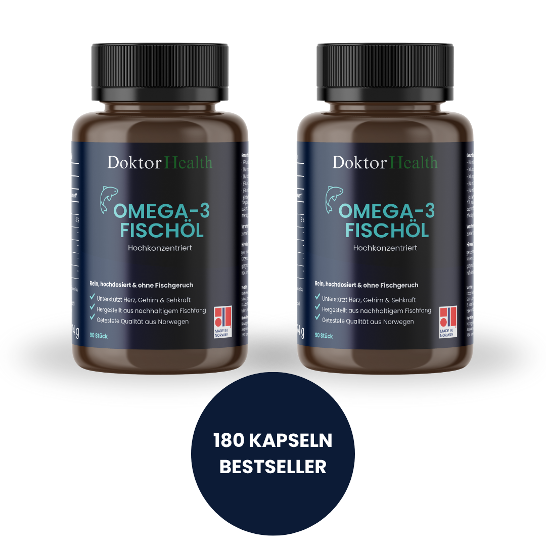 Bestseller-Doppelpack Doktor Health Omega‑3 Fischöl mit 180 Kapseln, hochdosiert, geruchsneutral, für Herz, Gehirn, Sehkraft & Konzentration – aus Norwegen.