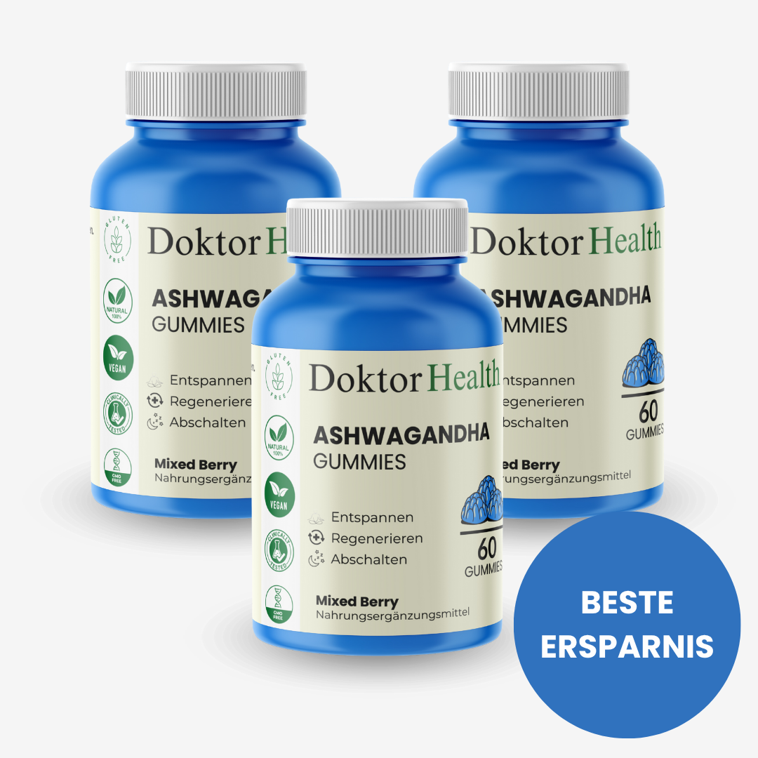 Drei blaue Dosen Doktor Health Ashwagandha Gummies mit jeweils 60 Gummies, Mixed Berry Geschmack, vegan und glutenfrei. Text 'Beste Ersparnis' betont das Vorteilspaket. Natürliche Nahrungsergänzung zur Förderung von Entspannung, Regeneration und Stressabbau.