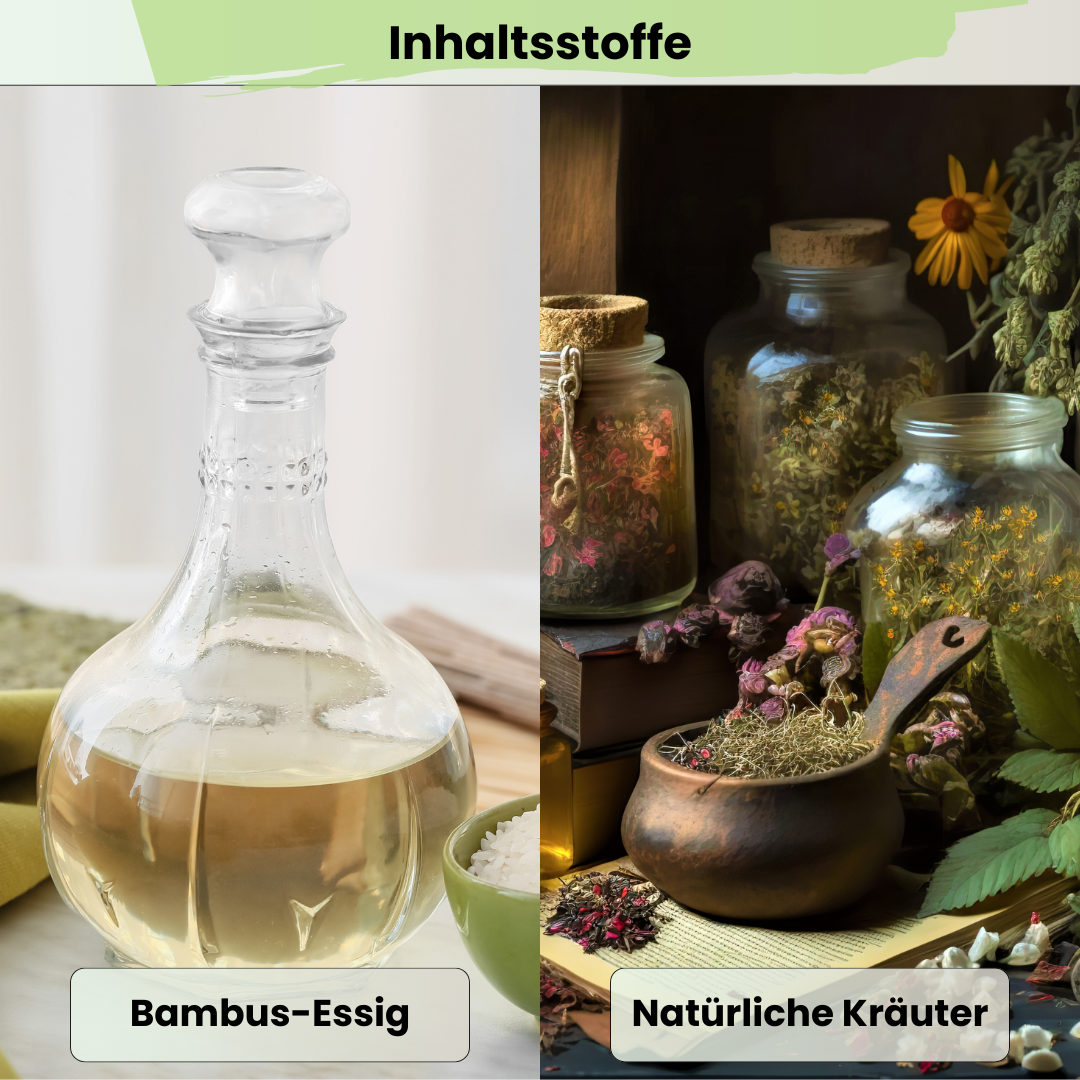 Hauptinhaltsstoffe der Foot Detox Pads: links Bambus-Essig in einer Glasflasche, rechts getrocknete natürliche Kräuter in Gläsern und Holzschalen – natürliche Zutaten zur Unterstützung der Entgiftung über die Fußsohlen.