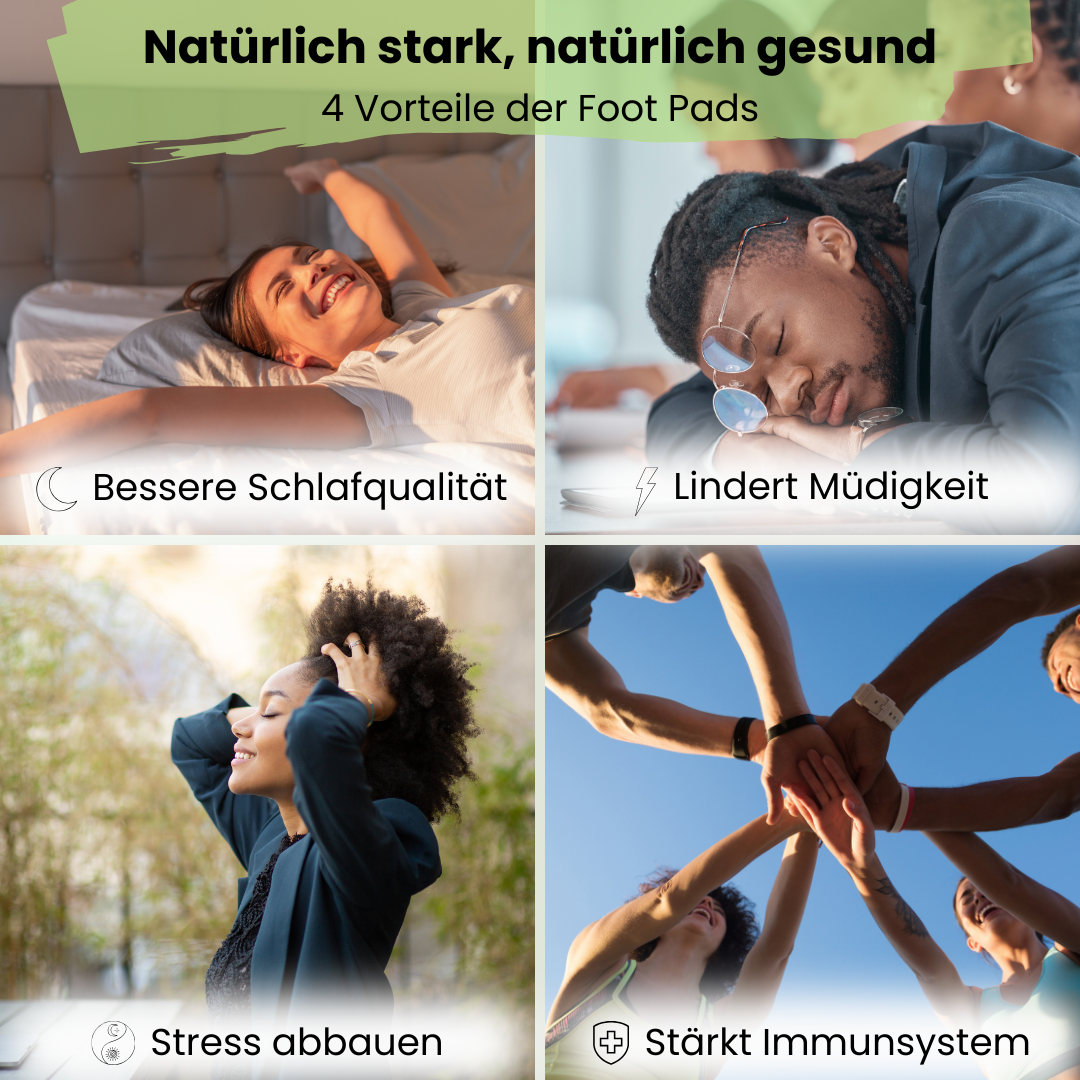 Vier Vorteile der Foot Detox Pads von DoktorHealth: Bessere Schlafqualität, weniger Müdigkeit, Stressabbau und Stärkung des Immunsystems – natürliche Unterstützung für mehr Energie und Wohlbefinden.