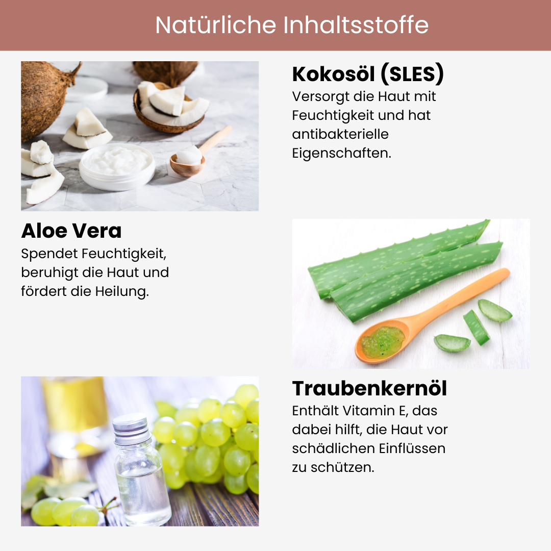 Natürliche Inhaltsstoffe der Fußmaske: Kokosöl für Feuchtigkeit, Aloe Vera zur Hautberuhigung, Traubenkernöl mit Vitamin E für Schutz und Pflege – sanfte Fußpflege mit natürlichen Wirkstoffen.
