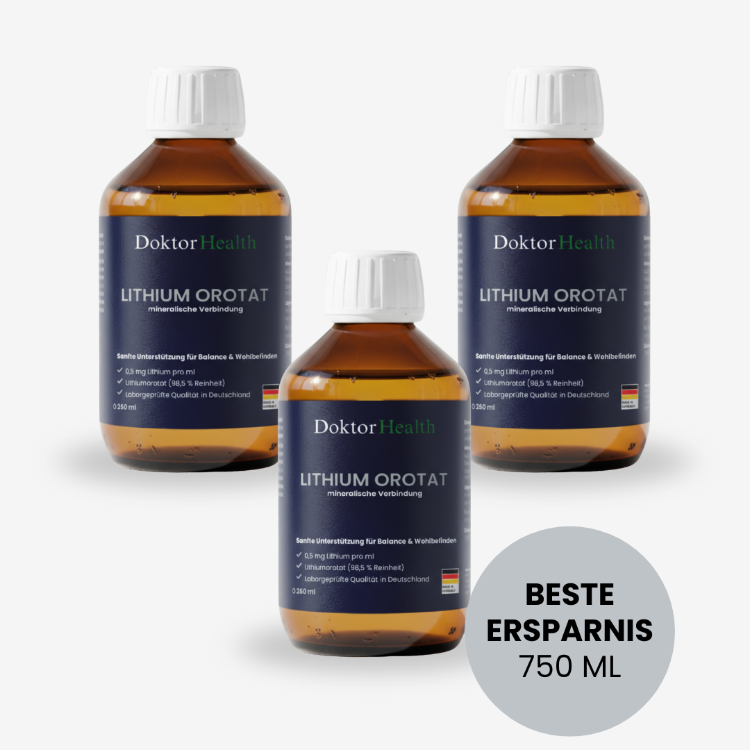 Doktor Health Lithium Orotat im 3er-Pack mit 750 ml – mineralische Verbindung für Balance, emotionale Stabilität und Wohlbefinden. Beste Ersparnis bei höchster Reinheit – laborgeprüft in Deutschland.