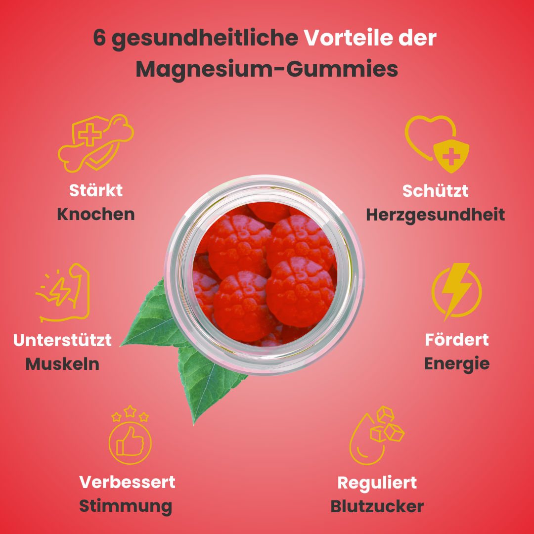 6 gesundheitliche Vorteile der Magnesium Gummies von Doktor Health: Unterstützt Muskeln, stärkt Knochen, schützt Herzgesundheit, fördert Energie, verbessert Stimmung und reguliert Blutzucker. Ideal für ein gesundes Wohlbefinden!