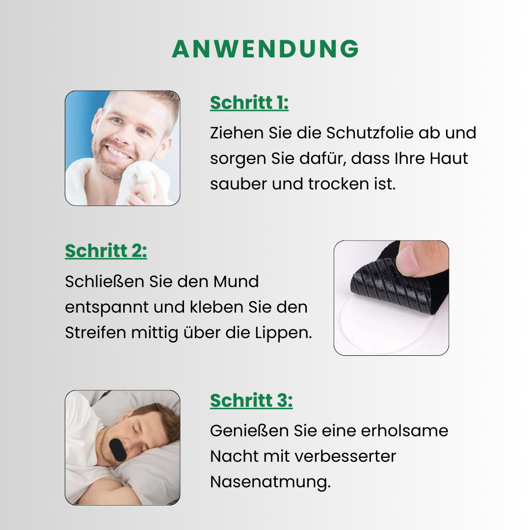 Anleitung zur Anwendung von Mouth Tape: Schritt 1 – Schutzfolie abziehen und Haut reinigen, Schritt 2 – Streifen über die Lippen kleben, Schritt 3 – besserer Schlaf durch verbesserte Nasenatmung.