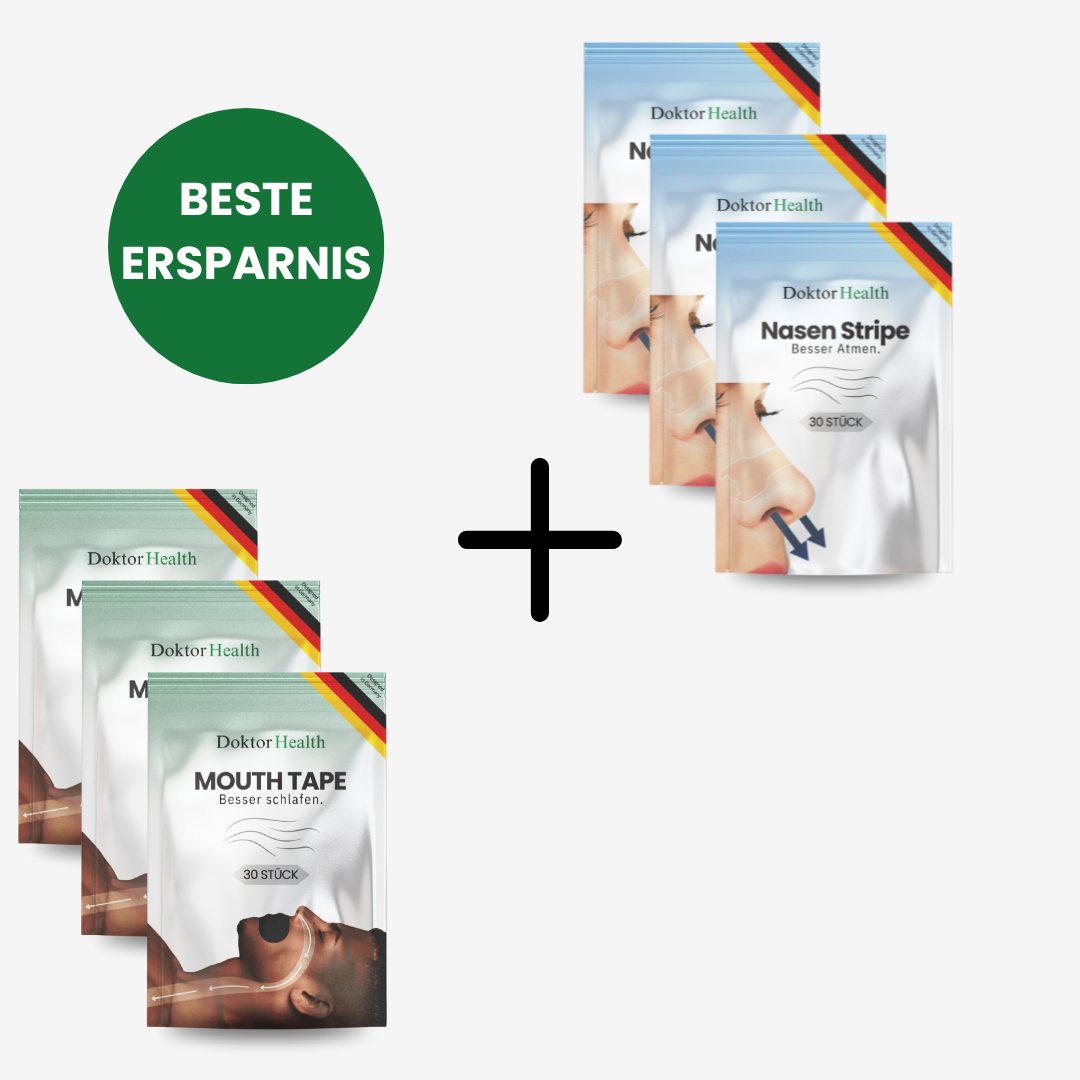 Beste Ersparnis: Mouth Tape & Nasenstrips Set von Doktor Health. 3x 30 Stück Mouth Tape für ruhigen Schlaf & 3x 30 Stück Nasenstrips für freie Atmung. Perfekt gegen Schnarchen & zur Förderung der Nasenatmung.