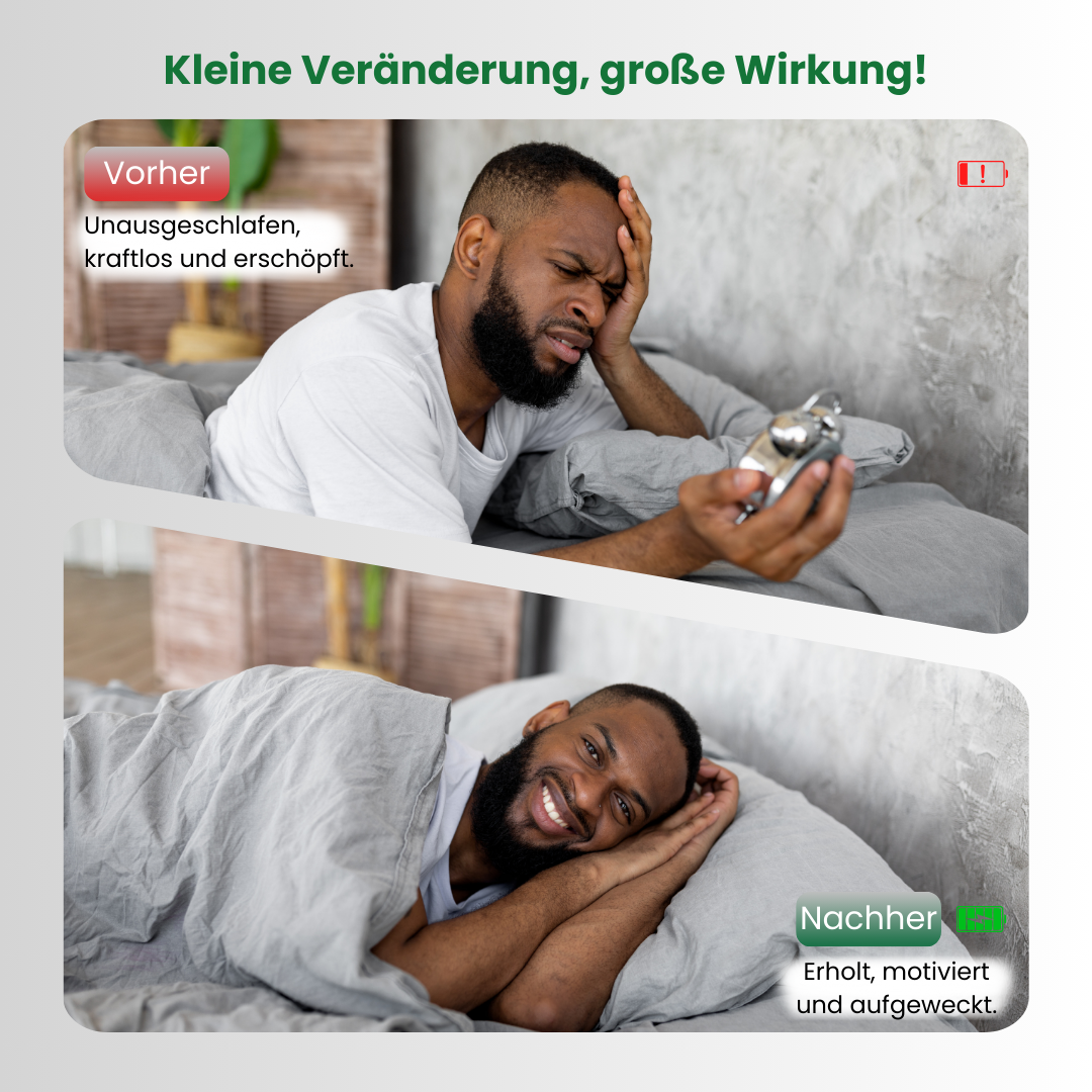 Vorher-Nachher-Vergleich: Unausgeschlafen und erschöpft im Vergleich zu erholt, motiviert und aufgewacht – die Wirkung von Mouth Tape für besseren Schlaf und mehr Energie am Morgen.