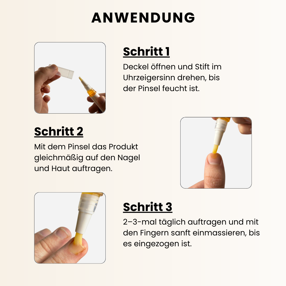 Nail Care Pen Anwendung – einfache 3-Schritt-Anleitung zur Nagelpflege. Stift öffnen, Produkt auf Nagel und Haut auftragen, sanft einmassieren. Effektive Nagelpilz-Behandlung für gesunde, starke Nägel. Ideal gegen brüchige Nägel, trockene Nagelhaut und zur Förderung des Nagelwachstums. Perfekte Lösung für gepflegte Fuß- und Fingernägel.