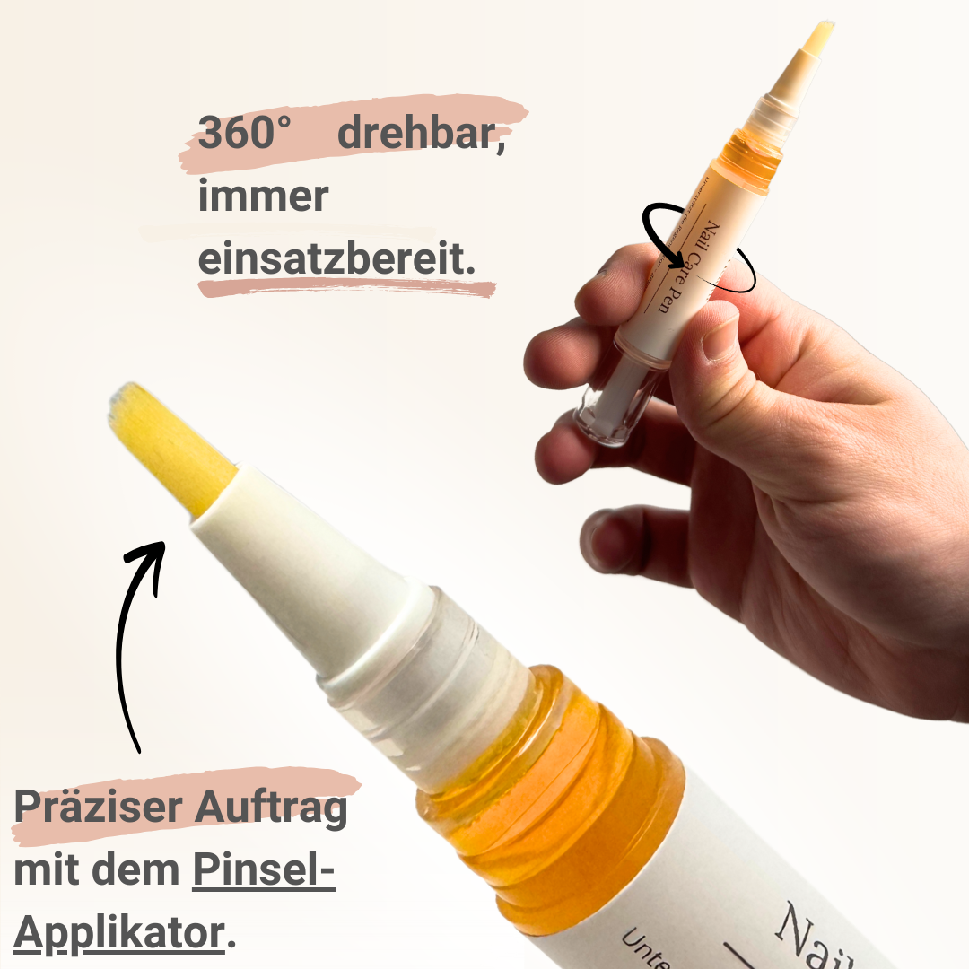 Nail Care Pen mit 360° drehbarem Design für einfache Anwendung. Präziser Auftrag dank Pinsel-Applikator – ideal zur Nagelpflege und Behandlung von Nagelpilz. Effektiv gegen brüchige Nägel & trockene Nagelhaut.