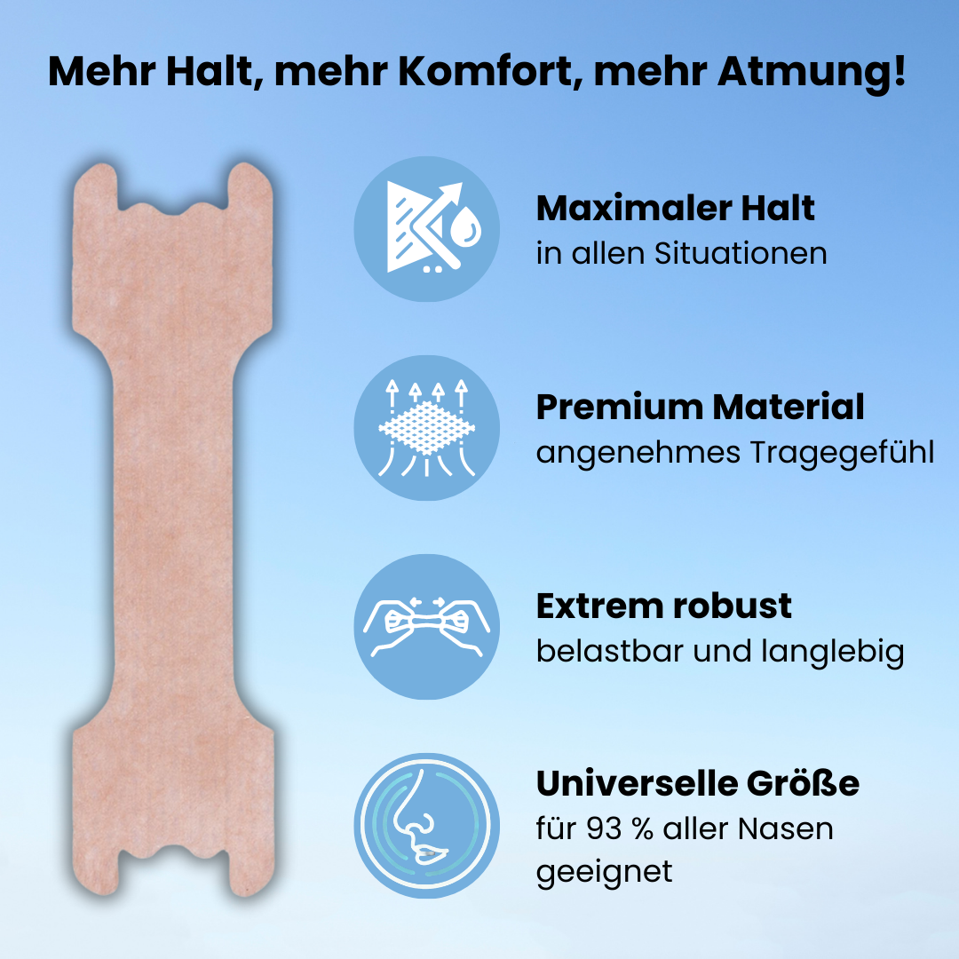 Nasenstrips mit maximalem Halt, Premium-Material für angenehmes Tragegefühl, extremer Robustheit und universeller Größe. Perfekt für 93 % aller Nasen geeignet, bieten diese Pflaster optimalen Komfort und effektive Atmungsunterstützung in jeder Situation. Ideal für Schlaf, Sport und den Alltag.