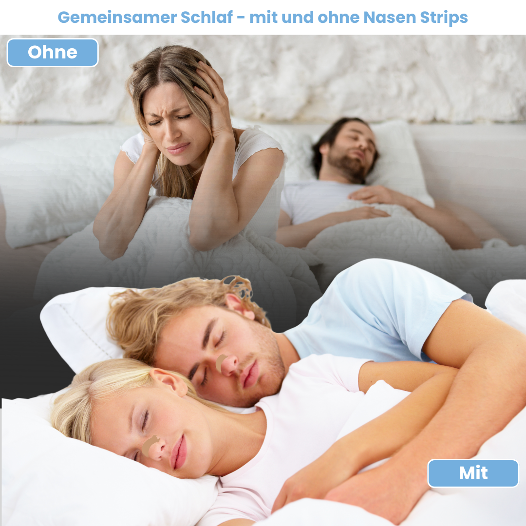 Vergleich: Schlafqualität mit und ohne Nasenstrips. Oben: Frau gestört durch Schnarchen ihres Partners. Unten: Paar schläft entspannt dank Nasenstrips, die die Nasenatmung verbessern und Schnarchen reduzieren. Nasenpflaster fördern erholsamen, gemeinsamen Schlaf und steigern die Lebensqualität.