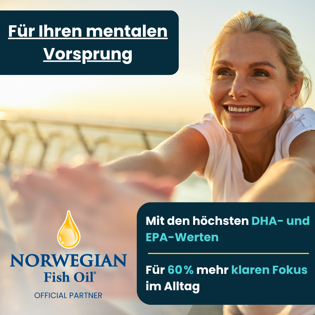 Frau beim Stretching bei Sonnenaufgang, daneben Norwegian Fish Oil Logo und Text: höchster DHA- & EPA-Gehalt für Fokus, mentale Stärke & Klarheit im Alltag.