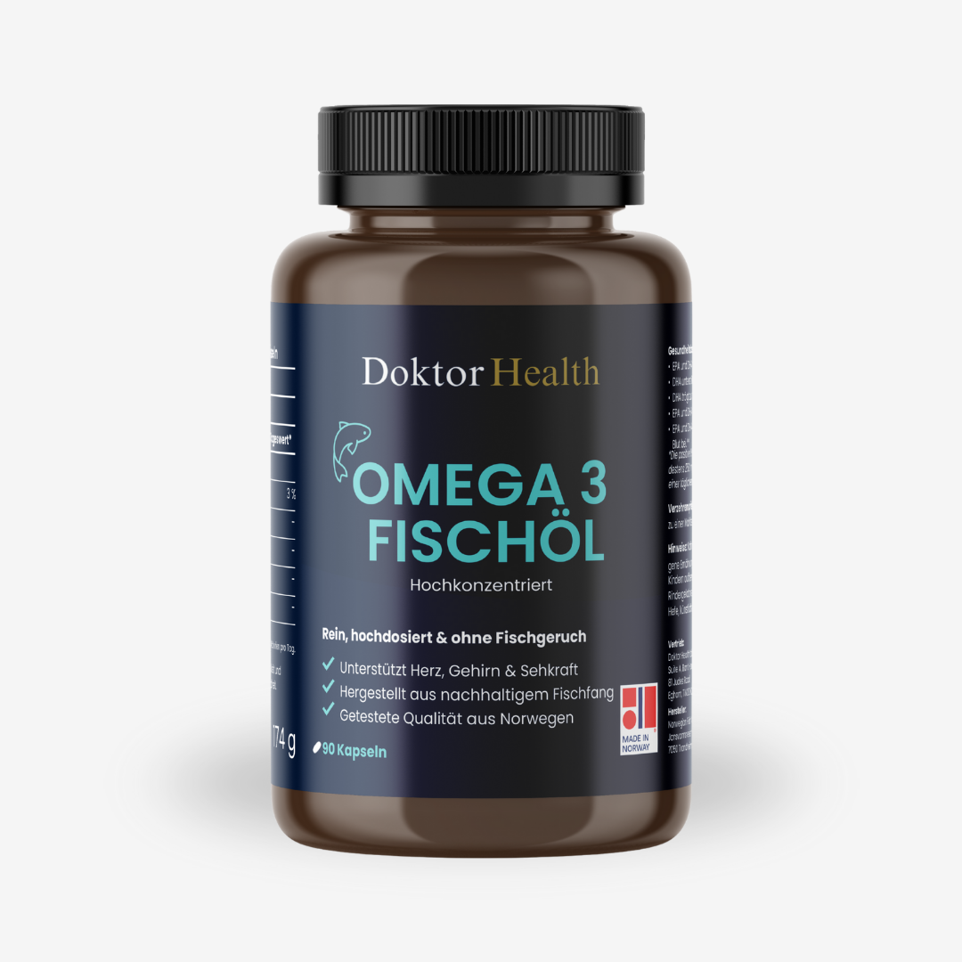 Doktor Health Omega 3 Fischöl – Hochkonzentriertes Nahrungsergänzungsmittel mit nachhaltigem Fischöl, laborgeprüfter Qualität aus Norwegen, frei von Fischgeruch, unterstützt Herz, Gehirn und Sehkraft – 90 Kapseln