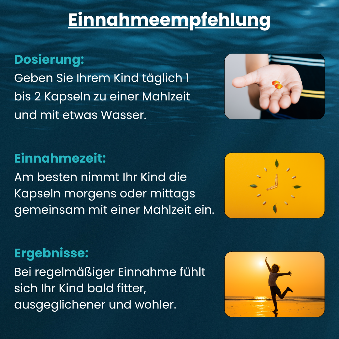 Einnahmeempfehlung für Doktor Health Omega‑3 Kaukapseln: täglich 1–2 Stück zu einer Mahlzeit, morgens oder mittags – für mehr Ausgeglichenheit und Energie bei Kindern.