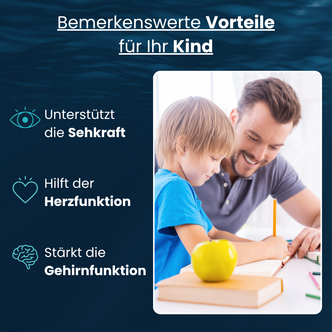 Grafik mit Vater und Kind beim Lernen, daneben Text zu den Vorteilen von Omega‑3: unterstützt Sehkraft, stärkt Gehirnfunktion und hilft der Herzfunktion.