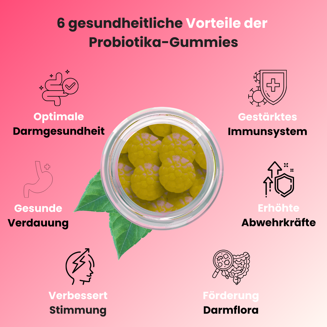 Probiotika Gummies für optimale Darmgesundheit, gesunde Verdauung, gestärktes Immunsystem, erhöhte Abwehrkräfte, bessere Stimmung und gezielte Förderung einer ausgewogenen Darmflora.