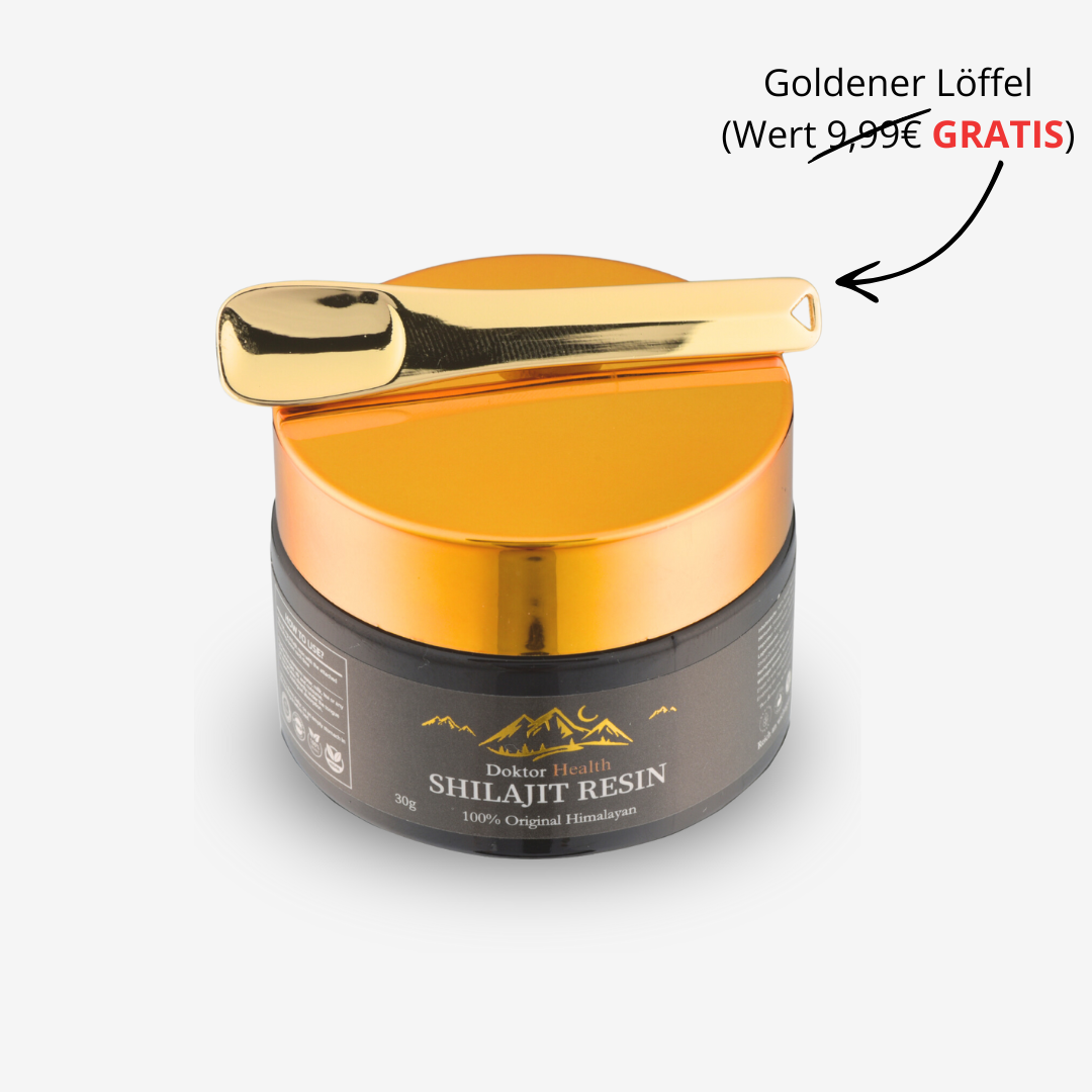 Doktor Health Shilajit Resin mit goldenem Dosierlöffel – hochwertiges Himalaya-Harz, inklusive Gratis-Löffel im Wert von 9,99 € zur einfachen Einnahme.
