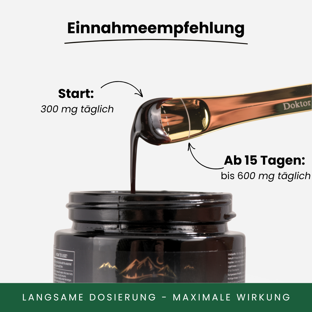 Shilajit Einnahmeempfehlung – Start mit 300 mg täglich, Steigerung auf 600 mg nach 15 Tagen. Hochwertiges Doktor Health Shilajit-Harz für maximale Wirkung durch langsame Dosierung. Natürlich, effektiv und hochkonzentriert.