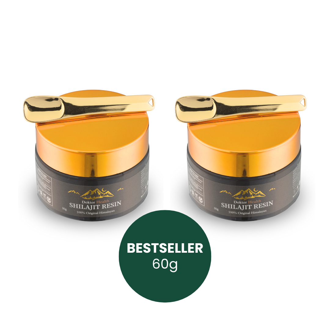 Doktor Health Shilajit Resin 60g Doppelpack mit Dosierlöffel, hochwertiges Himalaya Shilajit Harz im Sparset für Energie, Vitalität und Leistungsfähigkeit.