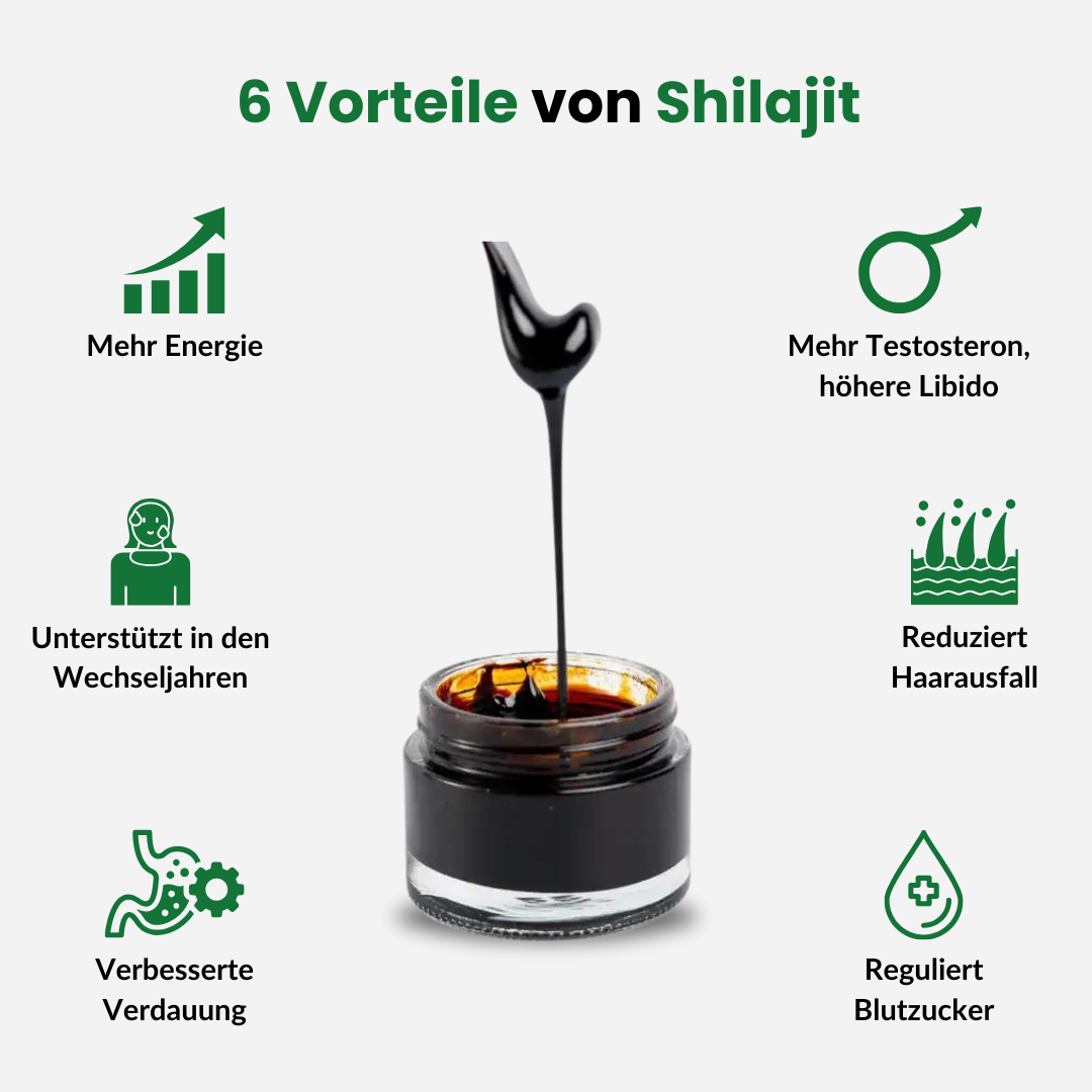 Shilajit von Doktor Health – 6 Vorteile für die körperliche Gesundheit: Blutzuckerspiegel regulieren, Knochengesundheit stärken, Haarqualität optimieren, Verjüngung, verbesserte Wundheilung und Reduzierung von Müdigkeit.
