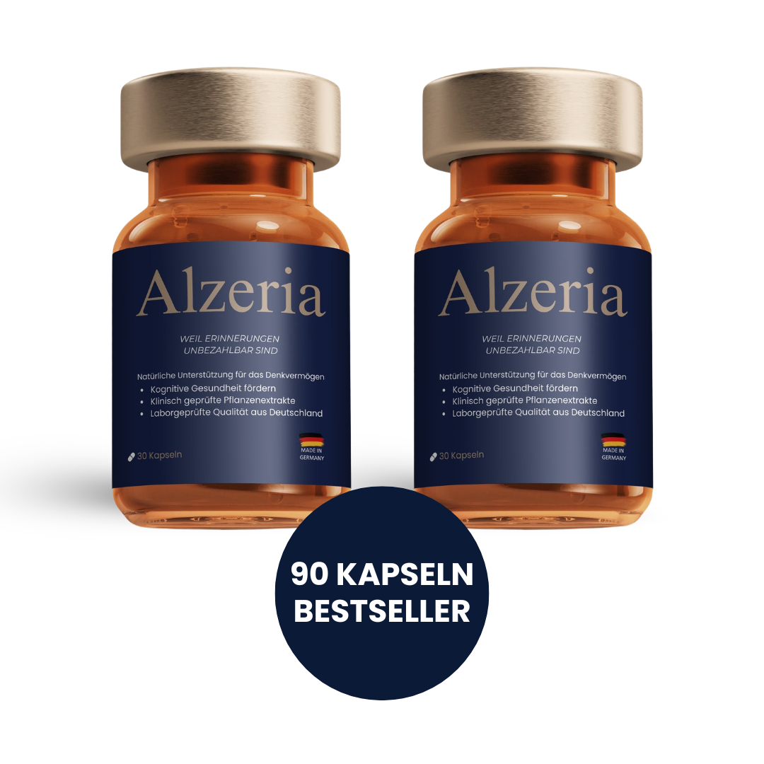 Zwei Dosen Alzeria Nahrungsergänzungsmittel mit je 30 Kapseln, Bestseller für mentale Klarheit und Gedächtnisleistung.
