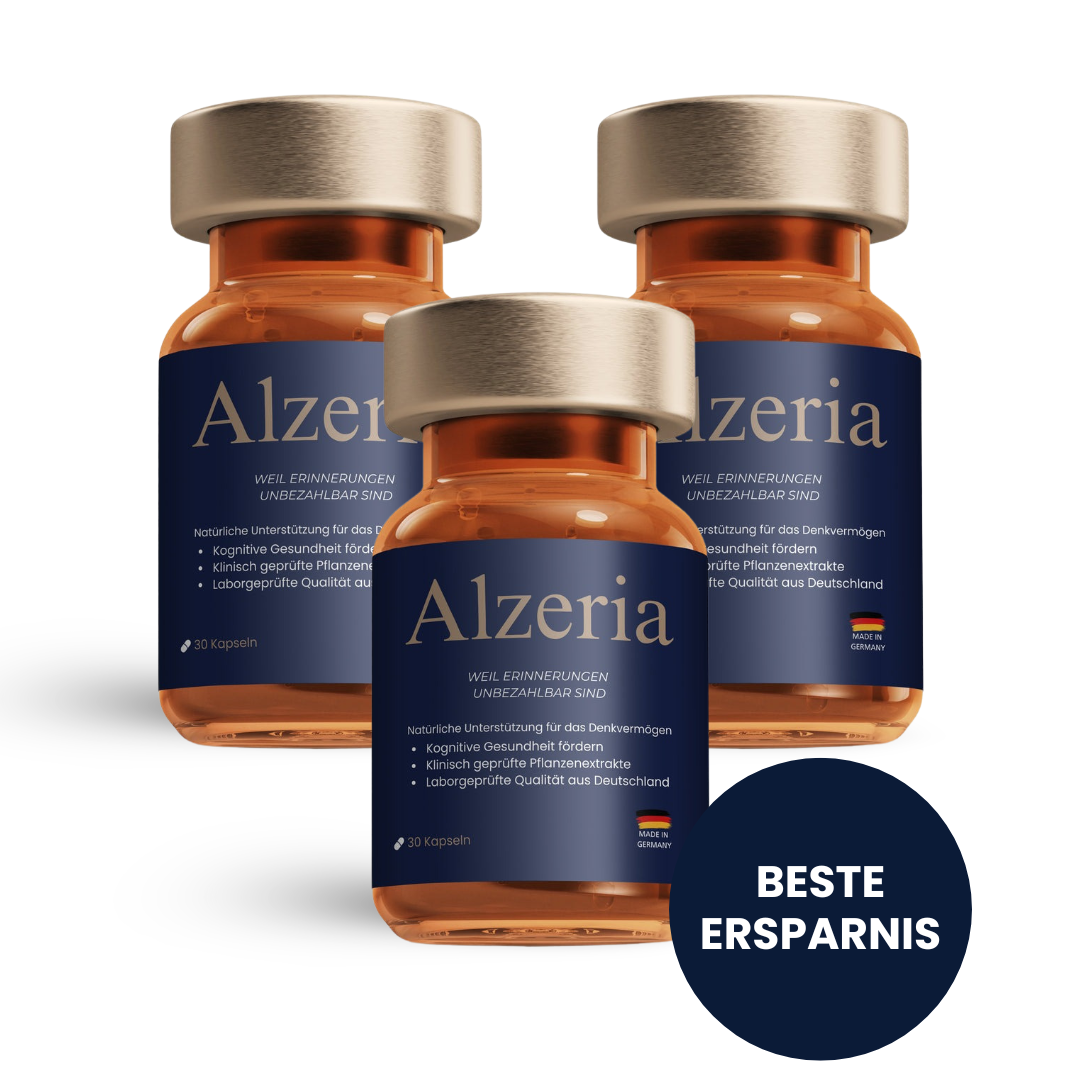 Drei Flaschen Alzeria Gedächtnis-Kapseln mit je 30 Stück, Bestseller-Set für mentale Klarheit und kognitive Unterstützung..
