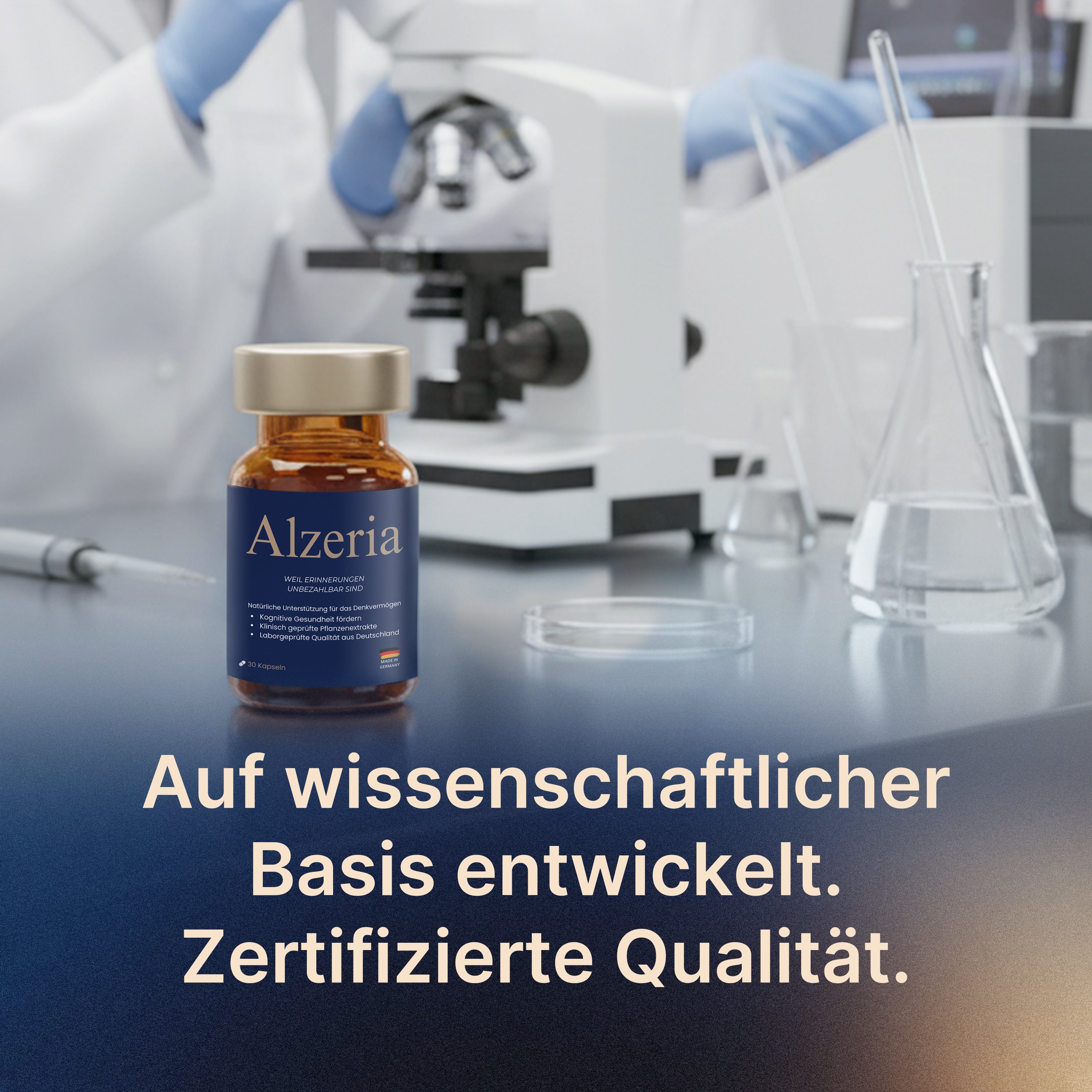Hochwertiges Alzeria-Nahrungsergänzungsmittel vor Laborumgebung mit Fokus auf wissenschaftlich geprüfte Qualität zur Unterstützung der geistigen Leistungsfähigkeit.