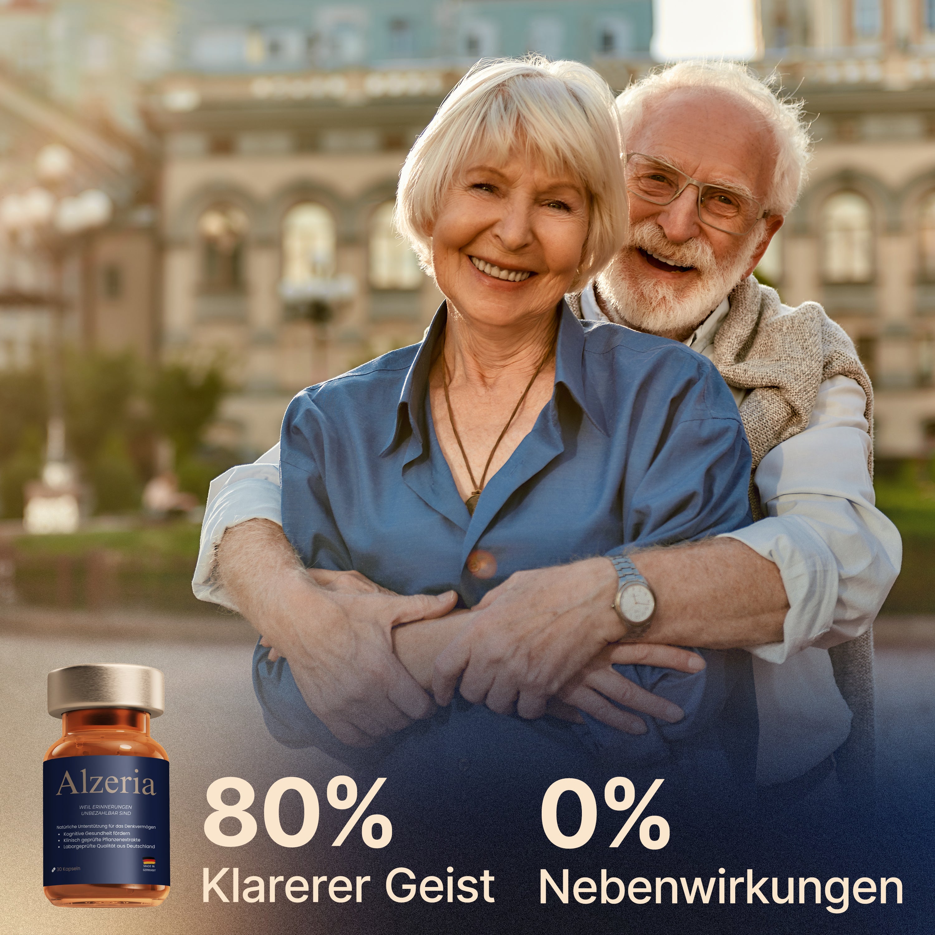Glückliches älteres Paar mit Alzeria Kapseln von Doktor Health, natürliche Hilfe für Konzentration, Erinnerungsvermögen und geistige Klarheit.