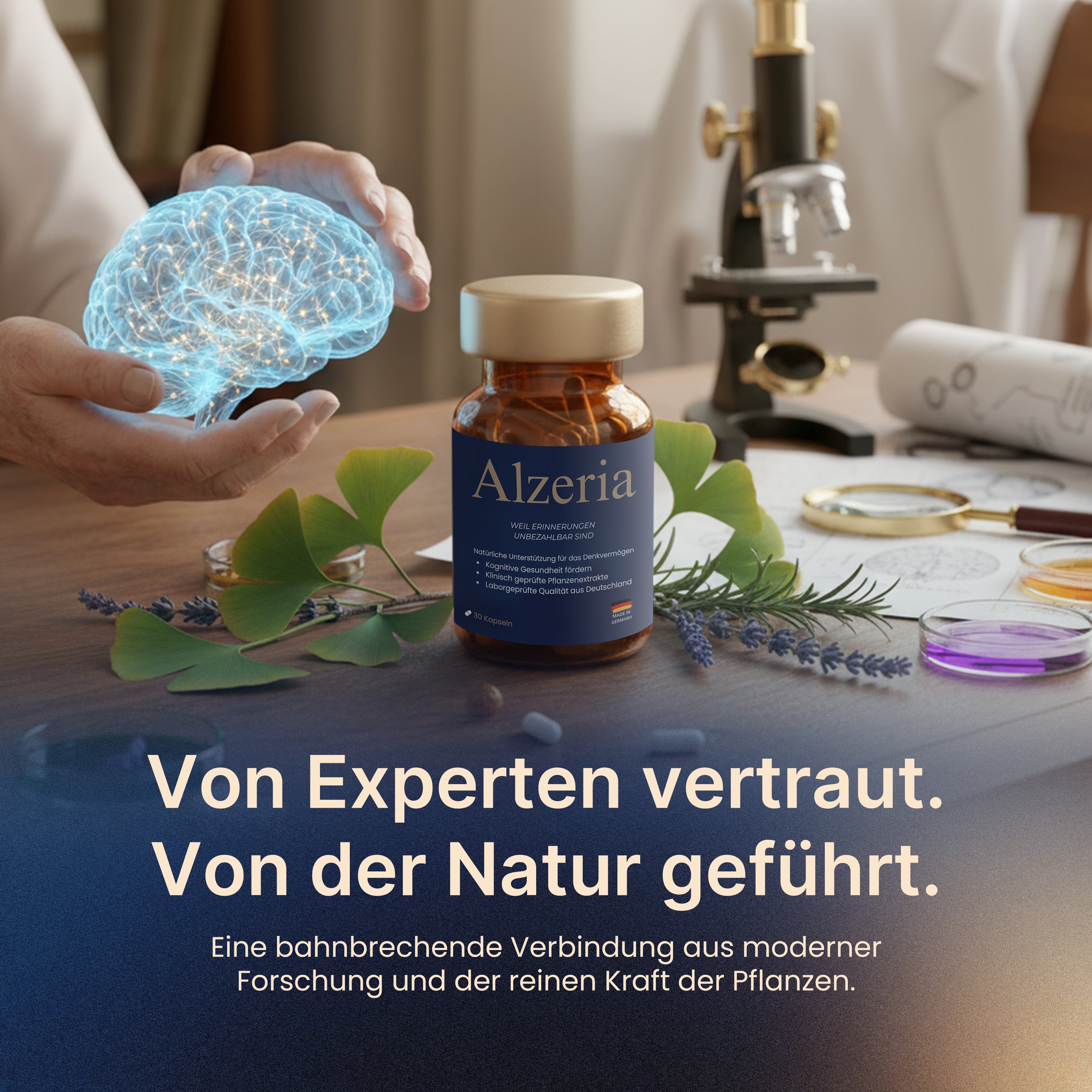 Doktor Health Alzeria mit pflanzlichen Inhaltsstoffen, unterstützt die kognitive Leistung auf natürliche Weise, wissenschaftlich fundiert.