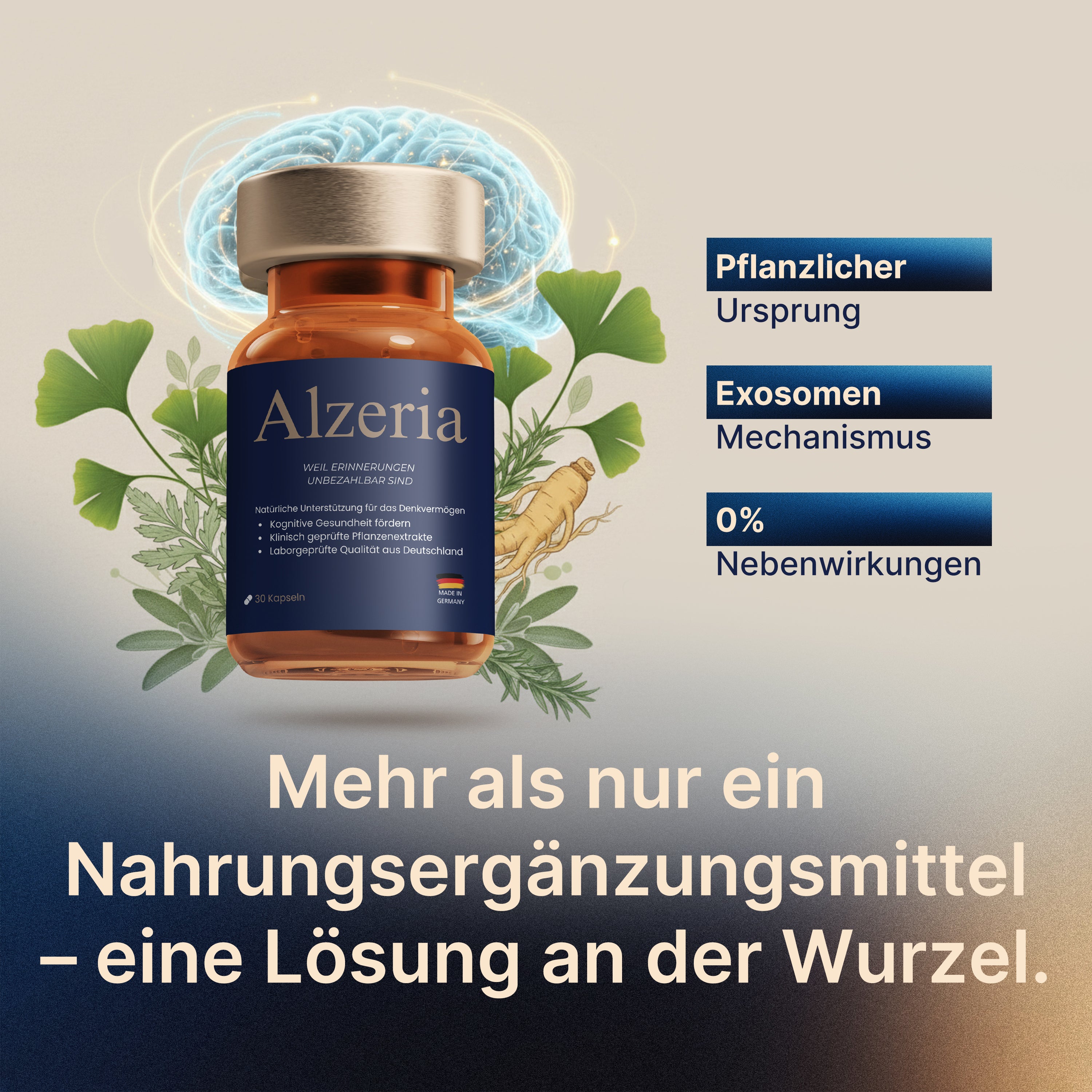 Alzeria Kapseln mit pflanzlichen Inhaltsstoffen, Exosomen-Technologie und Fokus auf geistige Klarheit und Nebenwirkungsfreiheit, natürliche Unterstützung für das Gedächtnis.