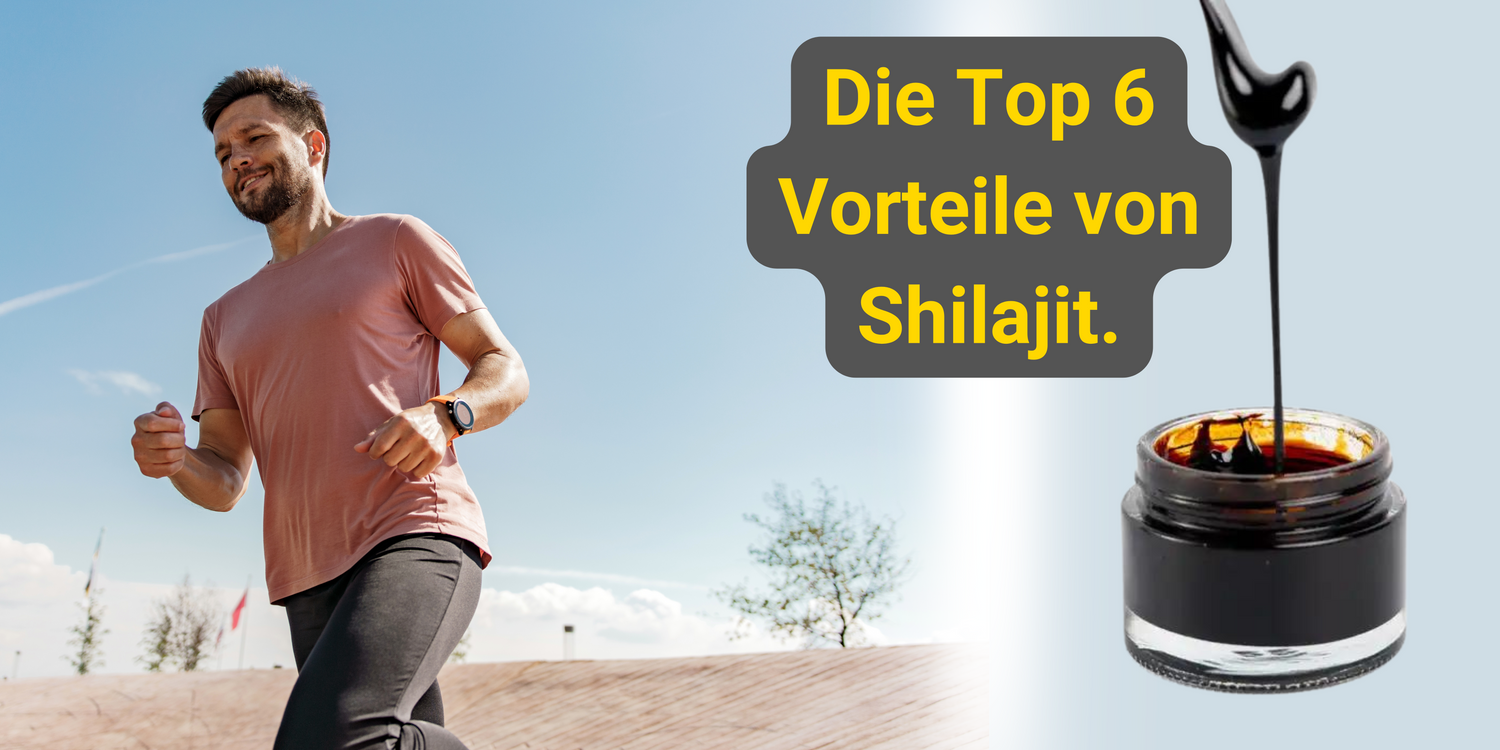 Ein Mann joggt unter blauem Himmel. Daneben tropft Shilajit-Harz aus einem Glas, das für Energie und Vitalität steht.