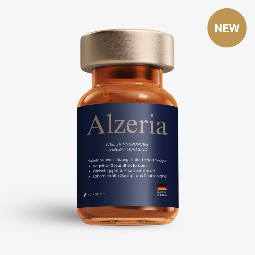 Alzeria Kapseln von Doktor Health zur natürlichen Förderung von Gedächtnis und Konzentration.
