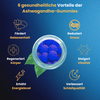 Sechs gesundheitliche Vorteile der Ashwagandha Gummies, darunter Förderung von Gelassenheit, Stressreduktion, Regeneration des Körpers, gesteigerte Vitalität, erhöhter Energielevel und verbesserte Schlafqualität, dargestellt mit Icons und einem Glas mit Ashwagandha-Gummibärchen im Mixed Berry Geschmack.