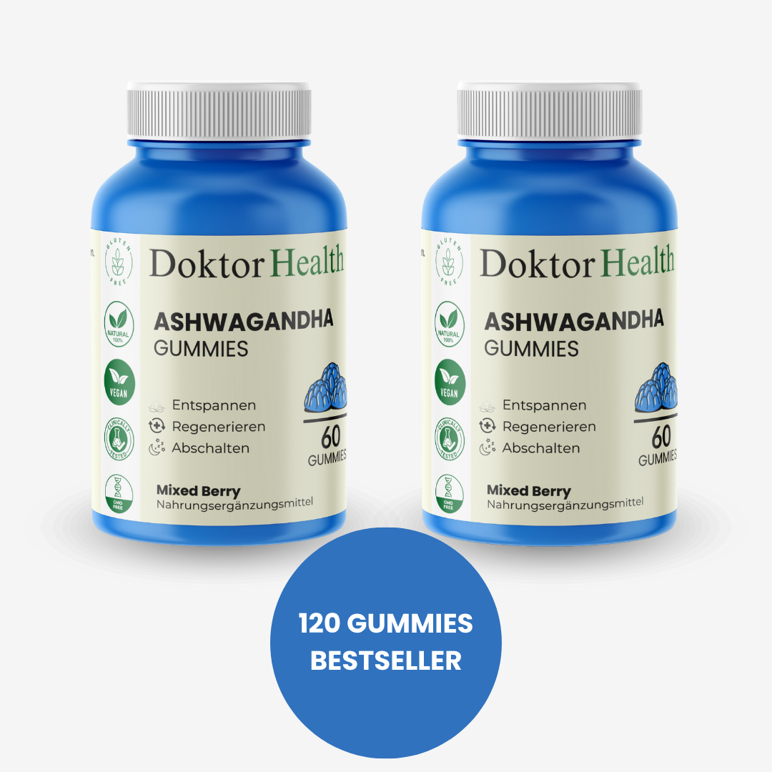 Zwei blaue Dosen Doktor Health Ashwagandha Gummies mit jeweils 60 Gummies, Mixed Berry Geschmack, vegan und glutenfrei. Text '120 Gummies Bestseller' hebt die beliebte Doppelpackung hervor. Natürliche Nahrungsergänzung zur Unterstützung von Entspannung, Regeneration und Stressabbau.
