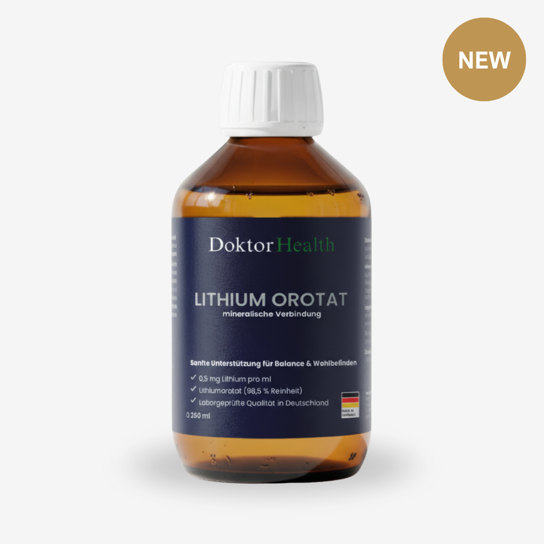 Doktor Health Lithium Orotat 250 ml – hochreines Nahrungsergänzungsmittel mit 0,5 mg Lithium pro ml für Balance, Wohlbefinden und mentale Stabilität. Laborgeprüfte Qualität aus Deutschland.