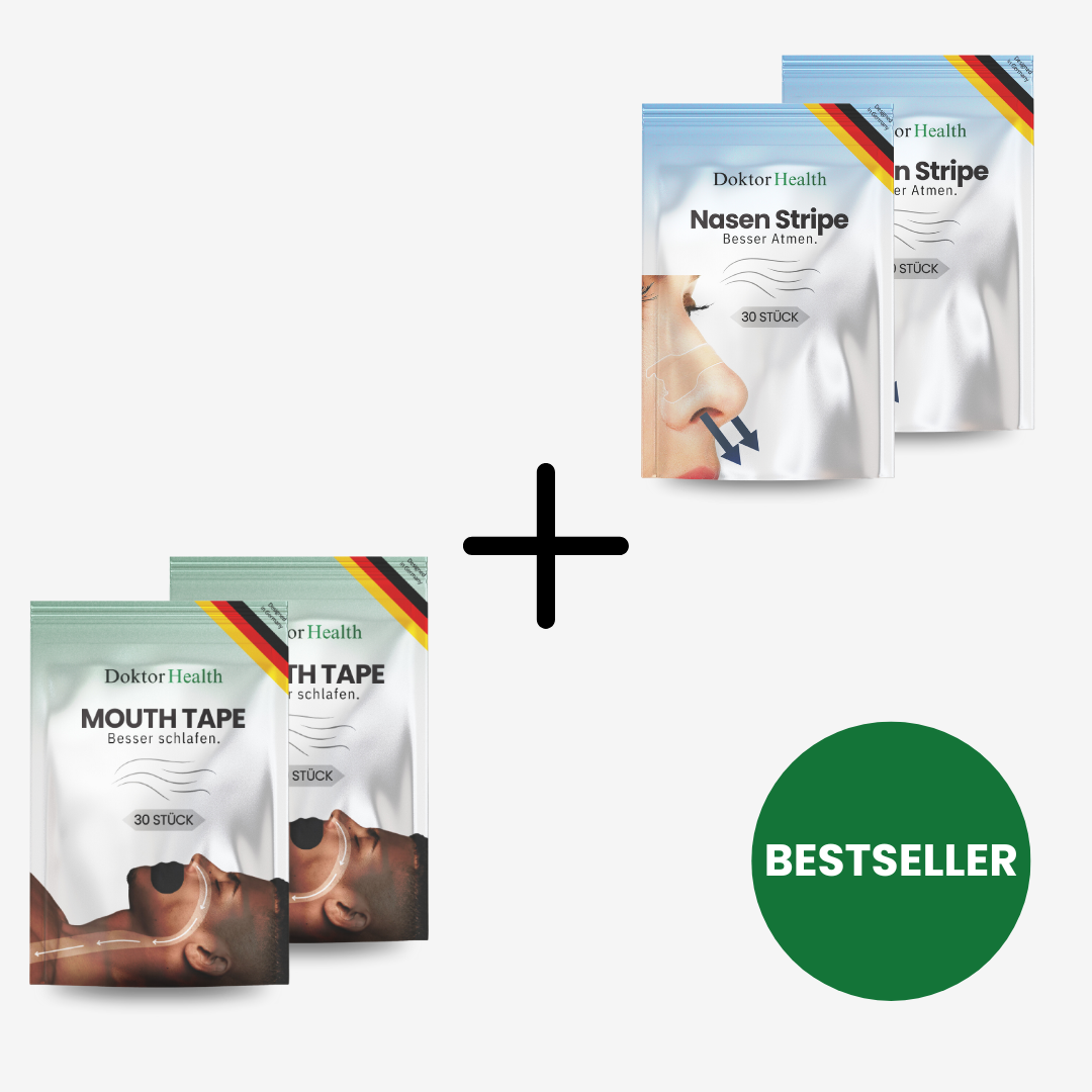 Bestseller-Kombipack: Mouth Tape und Nasenstrips von Doktor Health. 2x 30 Stück Mouth Tape für besseren Schlaf und 2x 30 Stück Nasenstrips für freie Nasenatmung. Optimale Lösung gegen Schnarchen und für eine verbesserte Sauerstoffaufnahme in der Nacht.
