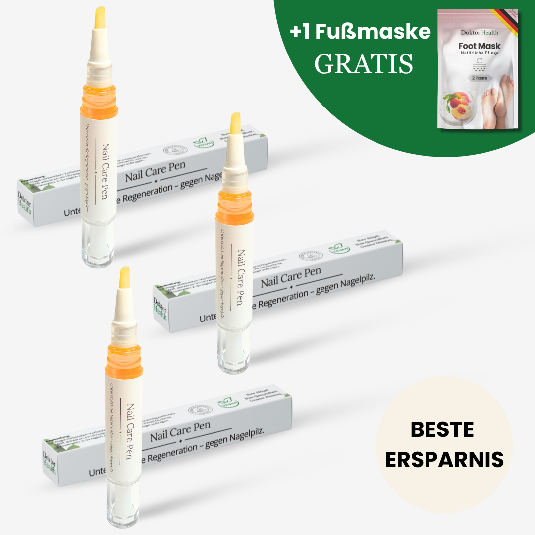 Sichern Sie sich das 3er-Set des DoktorHealth Nail Care Pen zur intensiven Pflege und Regeneration bei geschädigten oder von Nagelpilz betroffenen Nägeln. Inklusive gratis Fußmaske für zusätzlich gepflegte Füße, Ihre beste Ersparnis für gesunde Nägel.