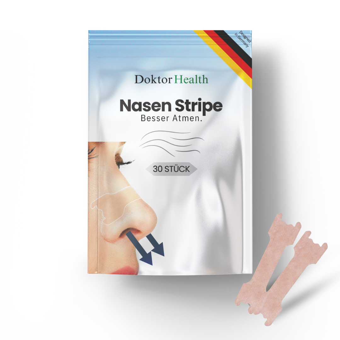 Nasenstrips von Doktor Health – 30 Stück für bessere Atmung. Die Nasenpflaster helfen gegen verstopfte Nasen und Schnarchen, indem sie die Nasenflügel sanft anheben. Ideal für Sport, Schlaf und verbesserte Nasenatmung.