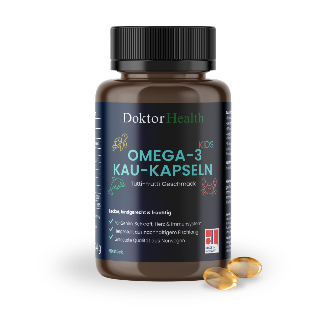 Doktor Health Omega-3 Kau-Kapseln für Kinder mit Tutti-Frutti-Geschmack, unterstützt Gehirn, Herz & Immunsystem, nachhaltig aus norwegischem Fischfang.
