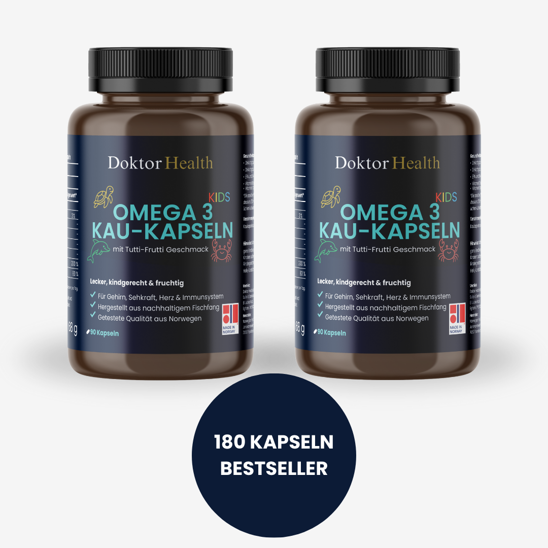 Doktor Health Omega 3 Kau-Kapseln für Kinder – 180 Kapseln im Set, fruchtiger Tutti-Frutti Geschmack, unterstützt Gehirn, Herz, Seh- und Immunsystem, nachhaltiger Fischfang, laborgeprüfte Qualität aus Norwegen.
