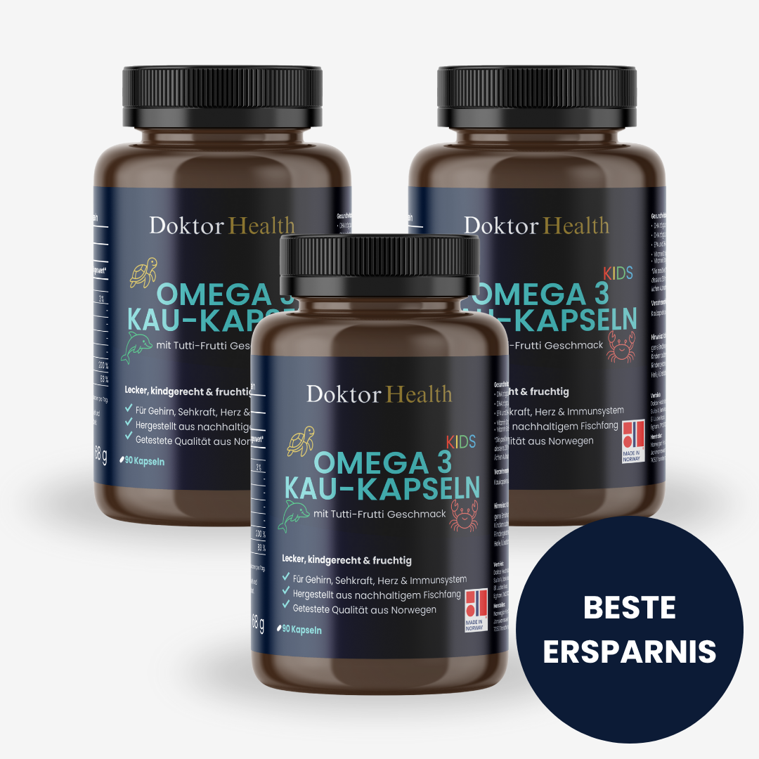 Vorteilspack Doktor Health Omega 3 Kaukapseln für Kinder – 270 Kapseln für langfristige Unterstützung von Gehirn, Herz und Immunsystem.