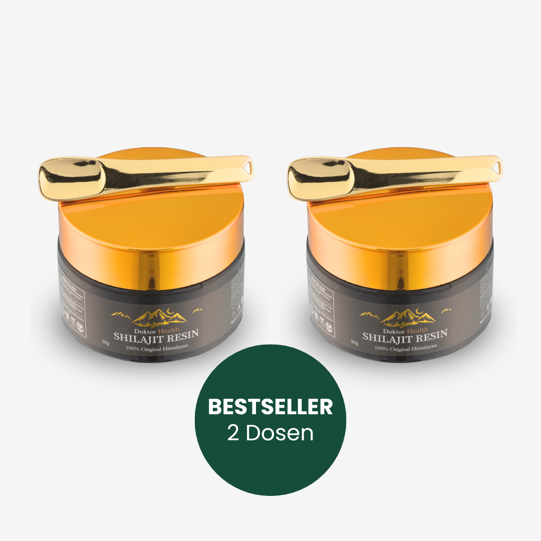 Doktor Health Shilajit Resin im Doppelpack – zwei Dosen hochwertiges Himalaya Shilajit mit gratis goldenem Dosierlöffel. Bestseller-Set für Energie, Vitalität und mentale Stärke.