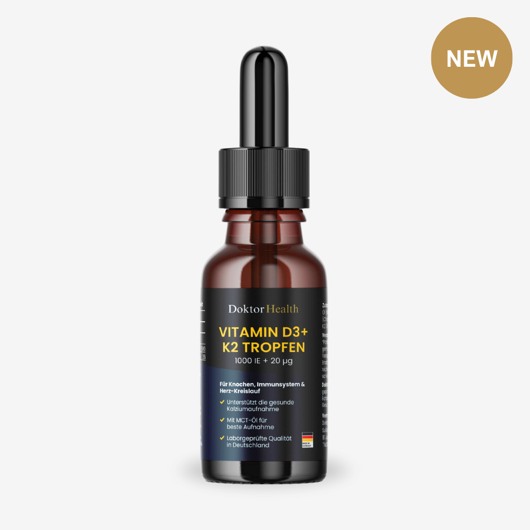 Doktor Health Vitamin D3 + K2 Tropfen mit MCT-Öl – für Knochen, Immunsystem und Herz-Kreislauf. Hoch bioverfügbar, laborgeprüft in Deutschland, in praktischer Pipettenflasche.