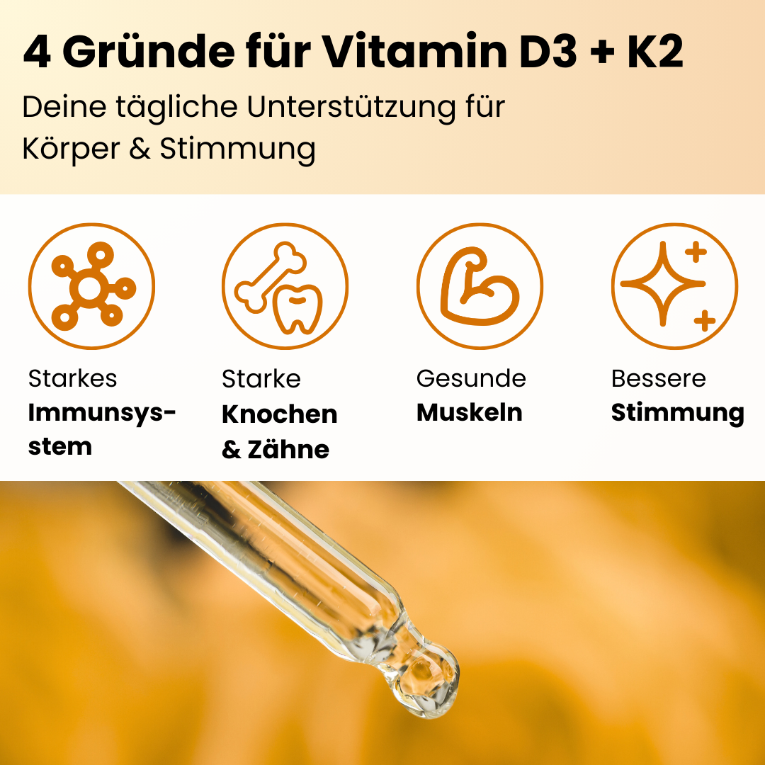 Vitamin D3 und K2 Tropfen für starke Abwehrkräfte, gesunde Knochen, Muskeln und bessere Stimmung, optimale tägliche Unterstützung für dein Wohlbefinden.