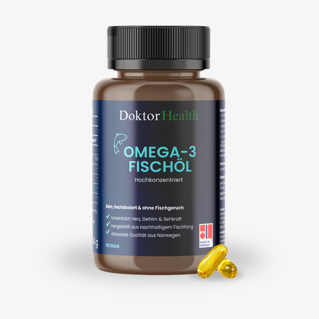 Hochdosiertes Omega-3 Fischöl von Doktor Health, Premium Qualität aus Norwegen für Herzgesundheit und mentale Leistung, 90 geruchsfreie Kapseln.